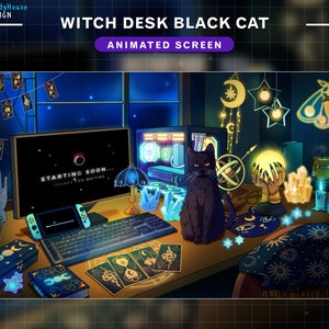Animated Twitch Screens Black Cat Witch Desk, Goth Gold Theme Twitch Overlay with Tarrot Card, PC Setup, Ghost, Skull, Candle, Poison
