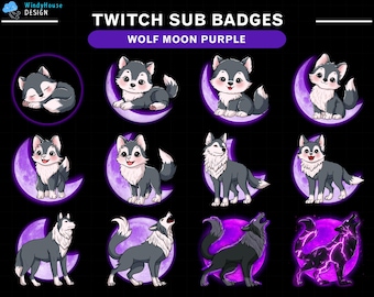 Wolf Moon Purple Twitch Sub Badges/ Wolf Twitch Sub Badges Set/ Moon Twitch Bit Badges/ Twitch Tier Badges