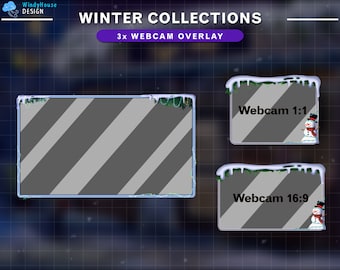 Könnte beinhalten: Drei winterliche Webcam-Overlays mit einem schneebedeckten, eisigen Rand und grünen Kiefernästen. Die Overlays sind mit "Webcam 1:1" und "Webcam 16:9" beschriftet.