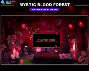 Animated Mystic Blood Forest Twitch Overlay, Witch Desk Stream Screen with Black Cat, Cute Ghost, Red Glowing Plants, Dark Enchanted Woods