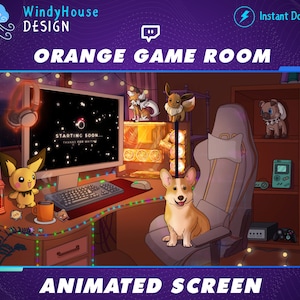 Cozy Twitch Overlay Stream Screens, Cozy Orange Gaming Room Twitch Overlay, Corgi Overlay For Twitch
