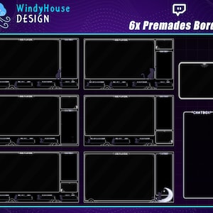 May include: Six premade Twitch stream borders with a dark background and white outlines. The borders feature a cat, a crescent moon, and stars. One border is labeled "Chatbox".