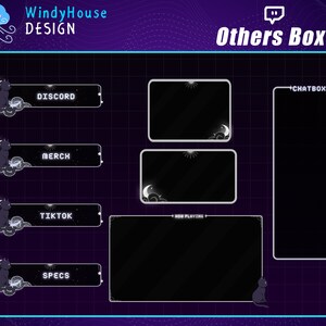 May include: A black and white Twitch stream overlay with a dark background and a grid pattern. The overlay includes a chat box, a "now playing" section, and buttons for Discord, Merch, TikTok, and Specs.