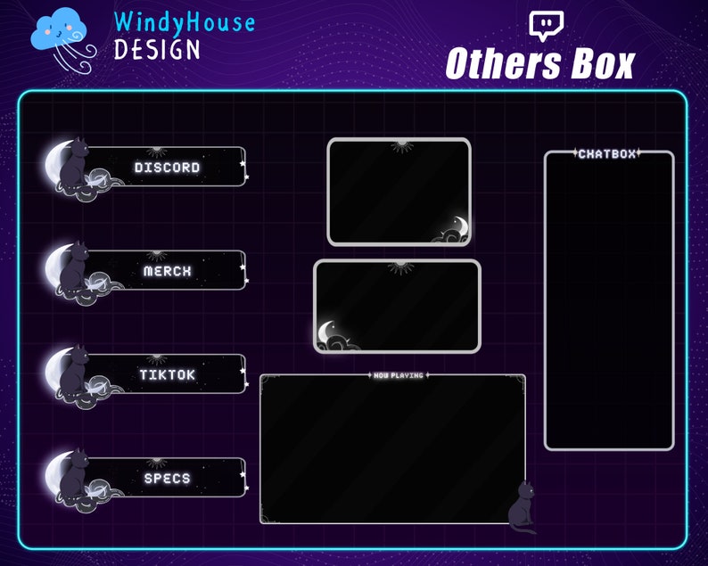 May include: A black and white Twitch stream overlay with a dark background and a grid pattern. The overlay includes a chat box, a "now playing" section, and buttons for Discord, Merch, TikTok, and Specs.