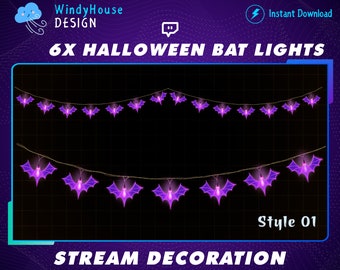 May include: Purple bat-shaped string lights with a white wire. The lights are arranged in two rows, with six lights in each row. The text "6X HALLOWEEN BAT LIGHTS" is at the top of the image. The text "STREAM DECORATION" is at the bottom of the image. The text "Style 01" is in the bottom right corner of the image.