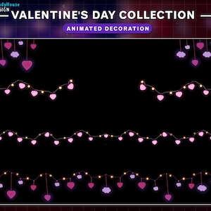 May include: Animated Valentine's Day decorations featuring strings of lights with pink heart-shaped bulbs.  The lights are strung in different configurations, including a single string, two strings, and four strings.  The lights are perfect for adding a festive touch to any Valentine's Day celebration.