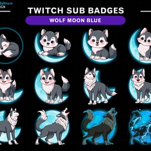 Op de afbeelding: Een set van 10 Twitch-sub-badges met een cartoonwolf op een blauwe maanachtergrond. De wolf staat in verschillende poses, waaronder slapen, staan, huilen en rennen. De tekst "TWITCH SUB BADGES" en "WOLF MOON BLUE" staat bovenaan de afbeelding.