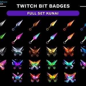 Puede incluir: Un conjunto de 20 insignias de bits de Twitch que presentan un par de kunais cruzados, un cuchillo de lanzamiento japonés. Las insignias son de varios colores, incluidos verde, azul, rojo, naranja, morado y amarillo. Las insignias están diseñadas para su uso en Twitch, una plataforma de transmisión en vivo.