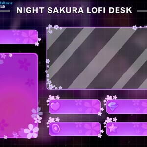 May include: Purple and white digital desktop background with a glass panel, a pink panel with cherry blossoms, and four buttons with icons of a heart, a diamond, a star, and a circle. The text "NIGHT SAKURA LOFI DESK" is at the top of the image.