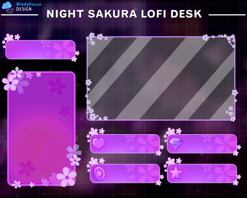 May include: Purple and white digital desktop background with a glass panel, a pink panel with cherry blossoms, and four buttons with icons of a heart, a diamond, a star, and a circle. The text "NIGHT SAKURA LOFI DESK" is at the top of the image.