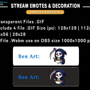 Op de afbeelding: Een digitale illustratie van een cartoon Grim Reaper met een zeis, die een zwarte kapmantel draagt en een kom ramennoedels vasthoudt. De afbeelding is gelabeld met "Ben Art:" en is een preview van een stream-emote. De tekst onder de afbeelding beschrijft de bestandstypen en -groottes van de emote.