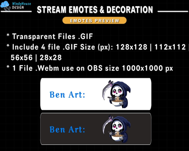 Op de afbeelding: Een digitale illustratie van een cartoon Grim Reaper met een zeis, die een zwarte kapmantel draagt en een kom ramennoedels vasthoudt. De afbeelding is gelabeld met "Ben Art:" en is een preview van een stream-emote. De tekst onder de afbeelding beschrijft de bestandstypen en -groottes van de emote.