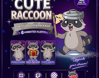 Animated Cute Raccoon Stream Alerts Pack, Raccoon Twitch Alerts Bundle with Raid Alert, Bonus Emotes for Twitch Discord Kick (WEBM GIF)