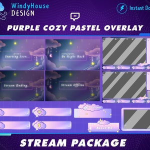 Paquete de transmisión de superposición de Twitch pastel acogedor púrpura animado, superposición de transmisión Galaxy Moon, superposición de Twitch Lofi para Streamer