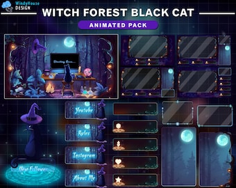 Animated Full Stream Package Witch Desk Black Cat in Mystic Forest, Gothic Twitch Overlay with Ghost Tree, Spell Circles, Spooky Theme