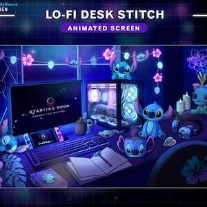 May include: A blue computer desk with a computer monitor displaying "STARTING SOON THANKS FOR WAITING" and a blue Stitch character on the screen. There are several blue Stitch characters on the desk, a keyboard, a mouse, a notebook, and a cup of coffee.