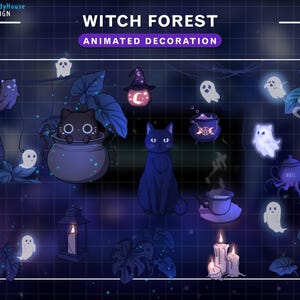 Peut inclure: Décorations d'Halloween animées avec un chat noir, un chaudron, une lanterne, des fantômes et un chapeau de sorcière. Les décorations sont sur un fond bleu foncé avec un motif de grille.