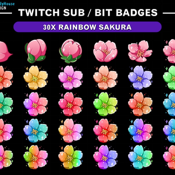 30x Rainbow Sakura Twitch Bit Badges / Cherry Blossom Twitch Sub Badges / Complete Twitch Bit Badges/ Twitch Tier Badges / Ver No Number