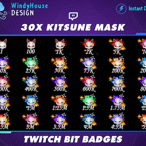 30x Kitsune Mask Twitch Bit Badges / Complete Twitch Bit Badges Set/ Twitch Tier Badges / Fox Badges / Number Bit Badges / Gamer Graphics