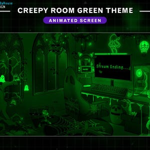 Op de afbeelding: Een groen en zwart geanimeerd streaming-scherm met een griezelig thema. Het scherm toont de tekst "Stream Ending..." en is omringd door gloeiende groene geesten, vleermuizen en schedels.