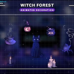 Animated Stream Decoration Witch Theme, Mystic Twitch Overlay with Black Cat, Candles,  Cauldron,... Graphic For Streamer