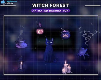 Animated Stream Decoration Witch Theme, Mystic Twitch Overlay with Black Cat, Candles,  Cauldron,... Graphic For Streamer