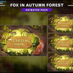 May include: Animated Twitch stream overlays featuring a fox in an autumn forest. The overlays include text for starting soon, stream ending, and stream offline.
