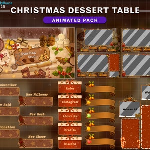 Animated Twitch Overlay Cozy Christmas Dessert Table, Aesthetic Xmas Lo-fi Desk Stream Package with Snow, Ginger Pie, Candles, Pineal..