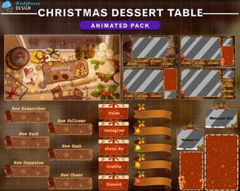 Animated Twitch Overlay Cozy Christmas Dessert Table, Aesthetic Xmas Lo-fi Desk Stream Package with Snow, Ginger Pie, Candles, Pineal..