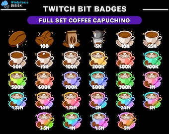 May include: A set of 18 Twitch bit badges featuring a coffee cup design with different colored backgrounds and text indicating the number of bits required to earn each badge. The badges range from 1 bit to 5 million bits.
