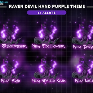 May include: A digital graphic with a purple theme, featuring a raven's hand holding lightning bolts. Text includes "New Subscriber," "New Follower," "New Donation," "New Raid," "New Gifted Sub," and "New Cheer." The design has a grid background.