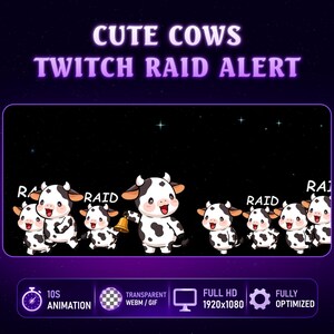 以下が含まれることがあります： 白黒の斑点のある漫画の牛のデジタルグラフィックで、「CUTE COWS TWITCH RAID ALERT」というテキストが表示されます。 牛は星空の黒い背景にあります。 アニメーションとフルHD解像度が含まれています。