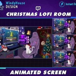 Puede incluir: Una ilustraci&oacute;n digital de una sala de juegos con tem&aacute;tica navide&ntilde;a con un &aacute;rbol de Navidad decorado, una silla de juego, un monitor de computadora, un gato y una taza. El monitor de la computadora muestra una barra de progreso con el texto "Comenzando pronto".