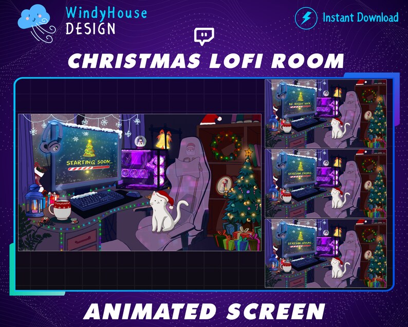 Puede incluir: Una ilustraci&oacute;n digital de una sala de juegos con tem&aacute;tica navide&ntilde;a con un &aacute;rbol de Navidad decorado, una silla de juego, un monitor de computadora, un gato y una taza. El monitor de la computadora muestra una barra de progreso con el texto "Comenzando pronto".