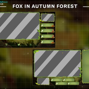 May include: A green and brown Twitch stream overlay with a fox theme. The overlay has a large, gray, rectangular area for the main video feed, and smaller areas for chat, alerts, and other information. The overlay is decorated with leaves, branches, and other autumnal elements.