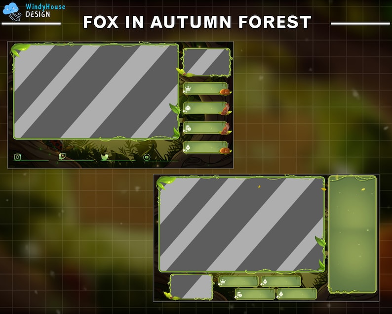 May include: A green and brown Twitch stream overlay with a fox theme. The overlay has a large, gray, rectangular area for the main video feed, and smaller areas for chat, alerts, and other information. The overlay is decorated with leaves, branches, and other autumnal elements.