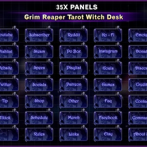 K&ouml;nnte beinhalten: Eine digitale Grafik mit dem Text "35X PANELS" und "Grim Reaper Tarot Witch Desk". Das Bild zeigt 35 dunkelblaue Panels mit verschiedenen Textbeschriftungen wie "Youtube", "Wishlist" und "Etsy". Jedes Panel hat einen gruseligen Waldboden.