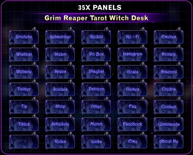 K&ouml;nnte beinhalten: Eine digitale Grafik mit dem Text "35X PANELS" und "Grim Reaper Tarot Witch Desk". Das Bild zeigt 35 dunkelblaue Panels mit verschiedenen Textbeschriftungen wie "Youtube", "Wishlist" und "Etsy". Jedes Panel hat einen gruseligen Waldboden.