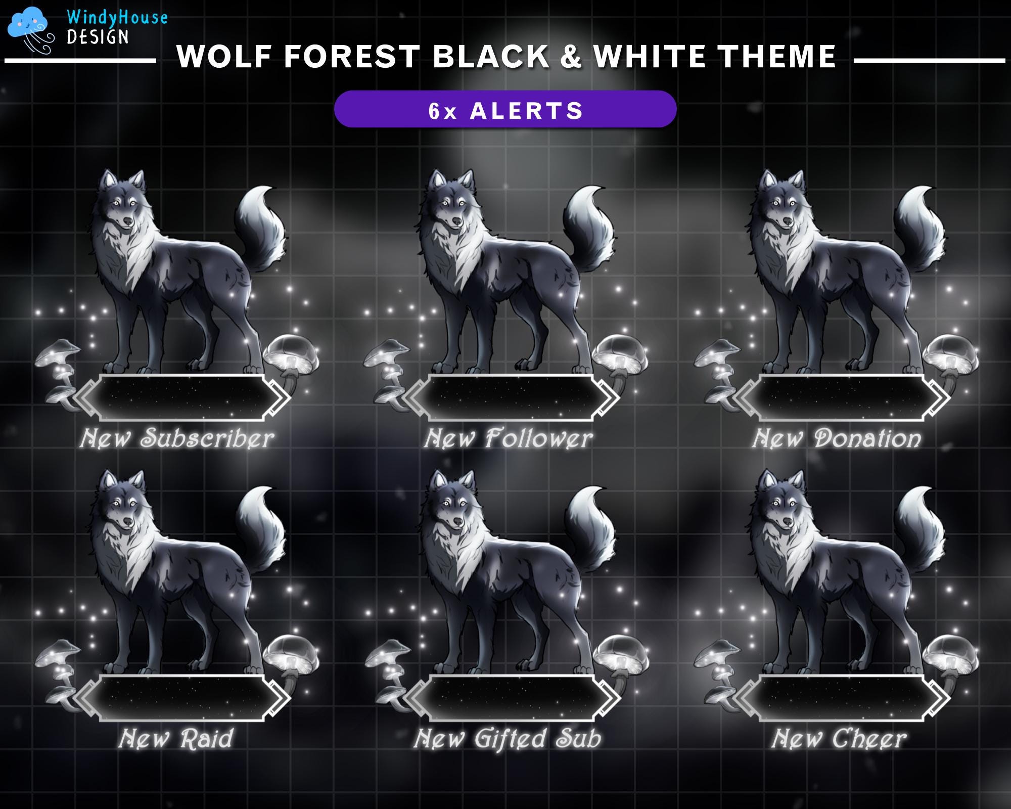 Animated Stream Alert Mystic Wolf Moon in Forest Black & White Theme, Wolf Twitch Overlay with Glowing Mushrooms, Spooky Vibe