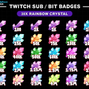 Full Set 30x Crystals Twitch Bit Badges, Gem Stone Bit Badges, Twitch Bit Tier Badge, Number Bit Badges for Twitch, Discord