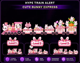 Pink Bunny Hype Train Alert, Cute Rabbit Express Twitch Hype Train with Carrot & Hearts for OBS Streamlabs Kick VTuber