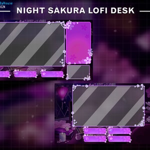 May include: Purple and white digital desktop background with a sakura flower theme. The background has two transparent frames with a pink gradient and a white border. The text "NIGHT SAKURA LOFI DESK" is at the top of the image.