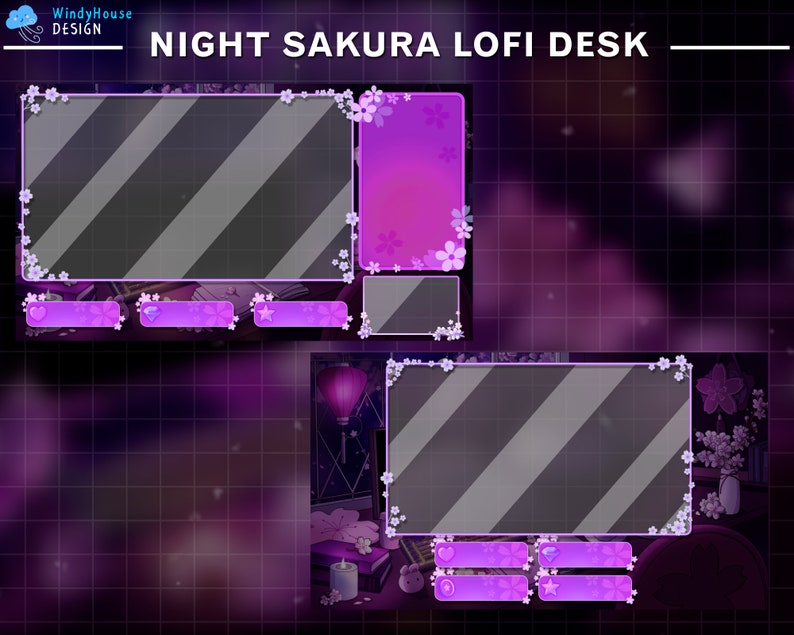 May include: Purple and white digital desktop background with a sakura flower theme. The background has two transparent frames with a pink gradient and a white border. The text "NIGHT SAKURA LOFI DESK" is at the top of the image.