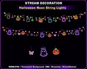 Halloween Neon Stream Lights for Twitch Overlay, Cute Pumpkin Ghost Bat Garland, Cozy Fall String Lights Decoration for Streamers