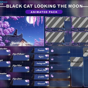 アニメーション ストリーム パッケージ 桜 黒猫 月を見る、アニメーション Twitch オーバーレイ 屋根の上のローファイ猫、きらきら星、夜空