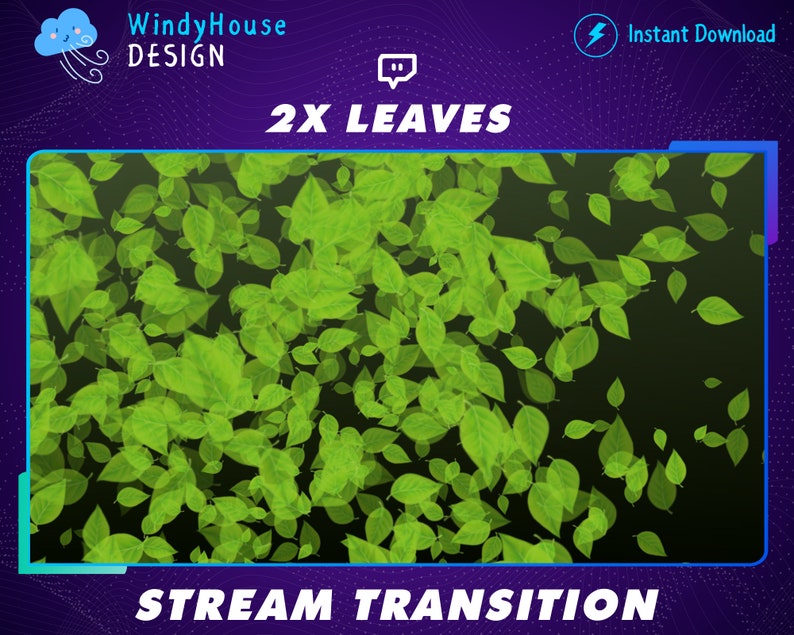 May include: A digital animation of green leaves falling on a black background. The text "2X LEAVES" and "STREAM TRANSITION" are displayed on the image.