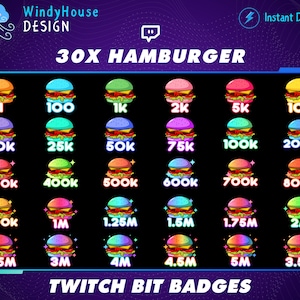 30x Hamburger Twitch Bit Badges, Full Twitch Bit Badges Set, Twitch Tier Badges For Streamers/Discord