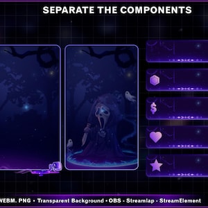 K&ouml;nnte beinhalten: Digitales Overlay-Set mit einem gruseligen Thema. Das Design weist ein dunkelblaues und violettes Farbschema mit einem Wald- und Geistermotiv auf. Der Text "SEPARATE THE COMPONENTS" steht oben. Enth&auml;lt transparente Hintergrundoptionen.