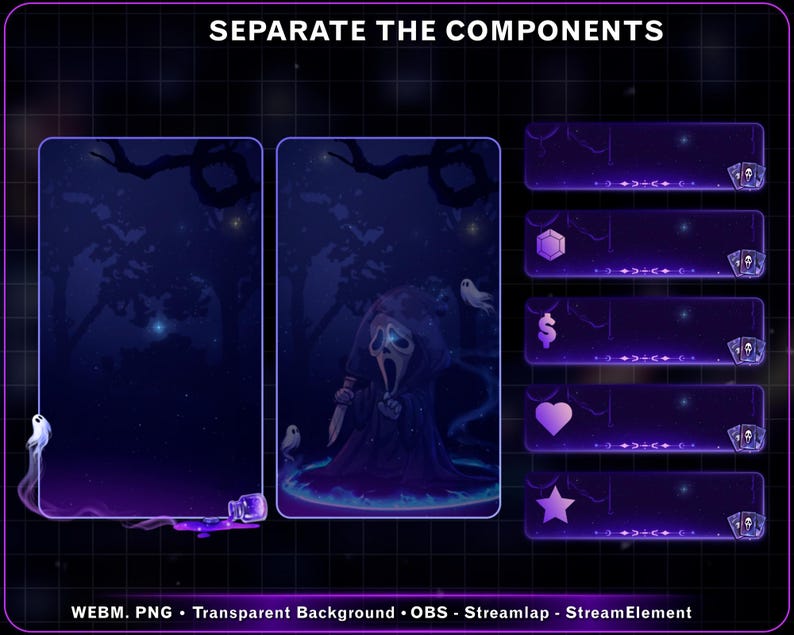 K&ouml;nnte beinhalten: Digitales Overlay-Set mit einem gruseligen Thema. Das Design weist ein dunkelblaues und violettes Farbschema mit einem Wald- und Geistermotiv auf. Der Text "SEPARATE THE COMPONENTS" steht oben. Enth&auml;lt transparente Hintergrundoptionen.