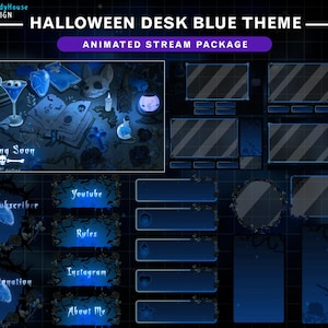 Animated Halloween Desk Dark Blue Theme Stream Package, Gothic Vampire Twitch Overlay with Black Rose, Blood, Skull, Bat, Potions...